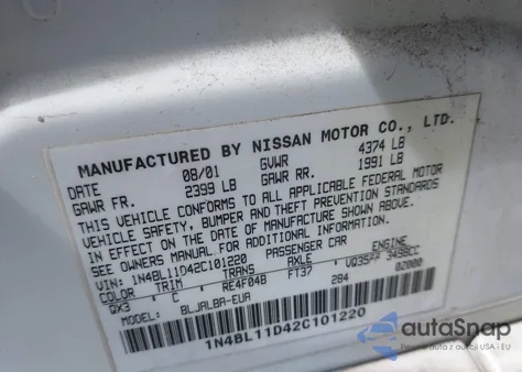 2002 Nissan Altima 3.5 Se z USA, uszkodzony, nr VIN 1N4BL11D42C101220